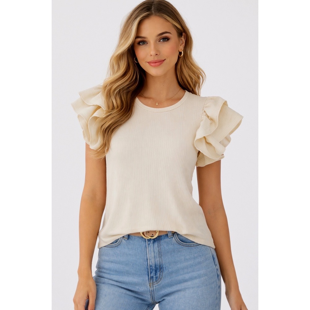 ZARA Cream Ribbed Knit Flutter Sleeve Top Womens M Coquettish Fairycore 100-65